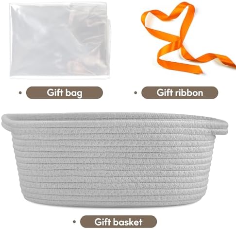 Pro Goleem Small Woven Basket with Gift Bags and Ribbons Durable Baskets for Gifts Empty Small Rope Basket for Storage 12"X 8" X 5" Baby Toy Basket with Handles, Gray - Image 4