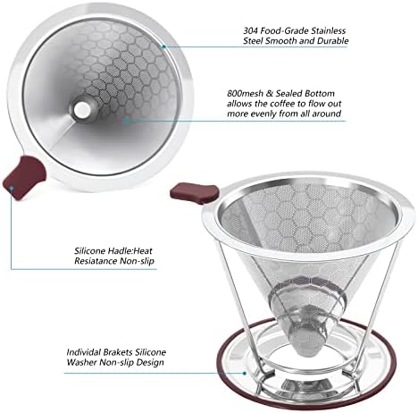 Pour Over Coffee Dripper Stainless Steel Coffee Filter Metal Cone Filter Paperless Reusable Single Cup Maker 1-2 Cup With Non-slip and Removable Cup Stand - Image 2