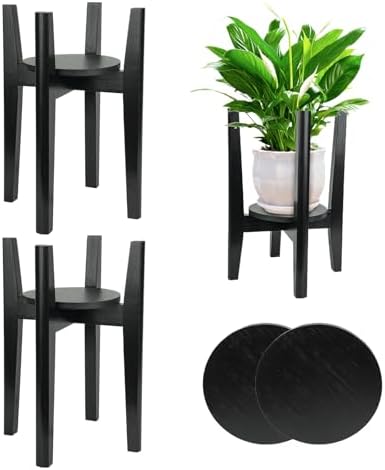 2 Packs Adjustable Plant Stand with Tray,Indoor Wood Plant Stand Fit 8'' to 12'' Planter,Mid Century Modern Flower Pot Holder Rack(Plant and Pot Not Included) Black by ZIOZERTT