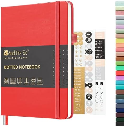 &And Per Se Dotted Journal Notebook, A5 Hardcover Leather Dotted Journal, 160 Pages 100gsm Thick Dot Grid Paper, 3 Sheets of Stickers Included - 5.7'' x 8'' (Red) by AndPerSe