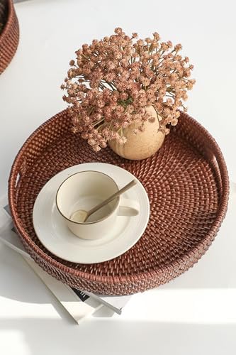 HITOMEN 11.8" Hand-Woven Round Rattan Serving Tray Decorative Wicker Trays with Handles for Coffee Table (Brown-M) - Image 4