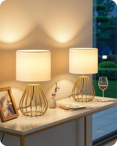 Gold Table Lamp Set of 2, Small Bedside Lamps Set of 2, 2700K LED Bulb Included, Gold Metal Base & White Linen Lampshade, Modern Nightstand Lamps for Bedroom, Living RoomDCW06TLP205 by GOEBLESON