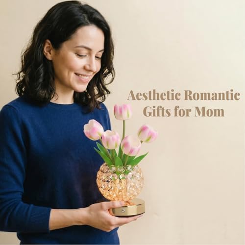 Tulip Night Light with Dazzling Crystal-Like Base, 3-Color Touch Control Flower Lamp, Stepless Dimming Rechargeable Floral Table Lamp, Aesthetic Romantic Gifts for Women Mom Wife (Pink) - Image 7