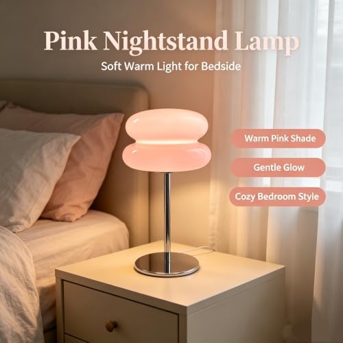 Table Lamp for Bedroom,Mid Century Modern Lamp for Nightstand, Dimmable Retro Egg Tart Bedside Small Lamps,Unique Home Mushroom Decor Aesthetic Cute Table Lamps nightstand lamp (Pink) - Image 3