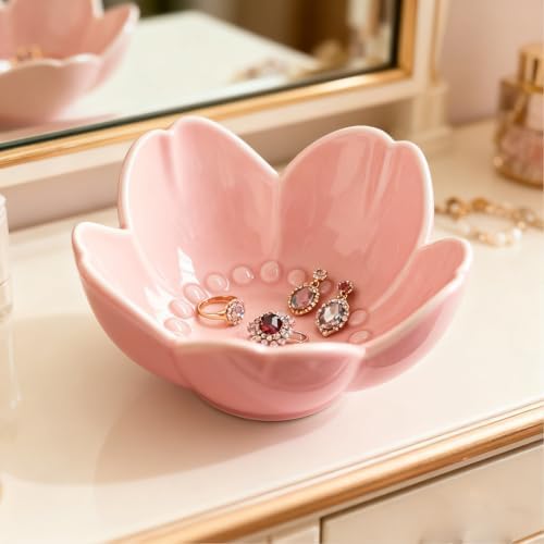 Pink Flower Ring Dish Jewelry Tray, Ceramic Jewelry Dish, Cute Small Trinket Tray, Nightstand Bathroom Decor Ring Holder, Jewlery Plate Bowl for Christmas Friendship Birthday Gifts for Women - Image 6