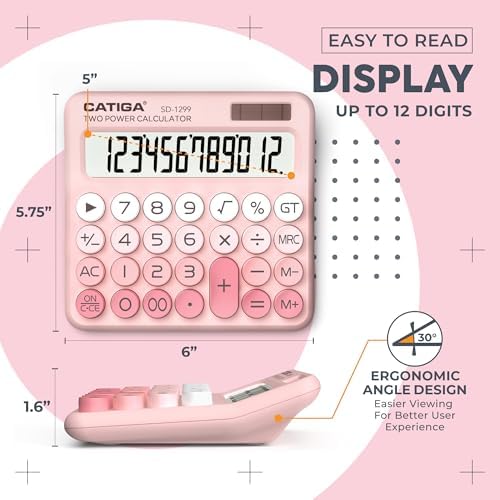 CATIGA Mechanical Switch Calculator with Solar and Battery Dual Power, 12-Digit Large LCD Display, Aesthetic and Cute Desktop Calculator with Big Button, for Home, School and Office Use, SD-1299 - Image 3