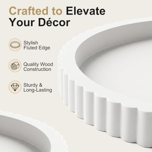 FGU 2 Pack Round Wood Decorative Trays for Coffee Table Home Decor, White - Image 3