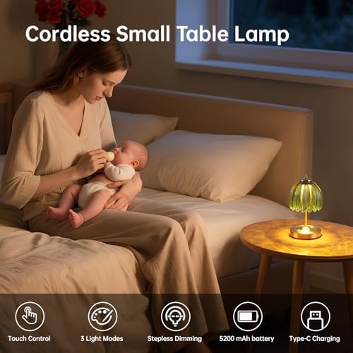 Shenmoyl Set of 2 Tulip Table Lamp with 5200mAh Battery & Touch Control, Cordless Small Table Lamp with 3 Colors, Rechargeable Battery Operated Table Lamps for Nightstand, Bedroom (Green Tulip) - Image 2