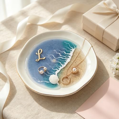 White Ceramic Jewelry Tray with Gold Trim, Minimalist Ocean Resin Ring Dish, Modern Decorative Trinket Holder for Vanity, Bathroom, Nightstand (L) by Unknown