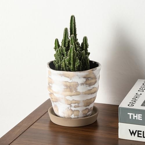 Modern Irregular Ceramic Planter Set of 4, 4 Inch Small Unique Reactive Glaze Flower Pots with Drainage Holes & Saucers - Indoor Outdoor Decorative Succulent Orchid Pots- Light Brown - Image 2