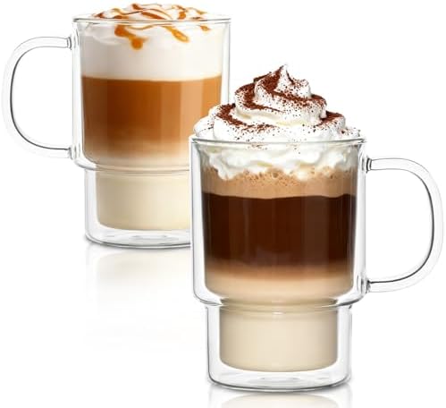 INSETLAN 16oz Double Wall Glass Coffee Mugs Set of 2, Insulated Borosilicate Cups with Handles, Clear Heat Resistant Glasses Mugs for Hot Beverages, Cappuccino, Espresso, Latte, Tea by INSETLAN
