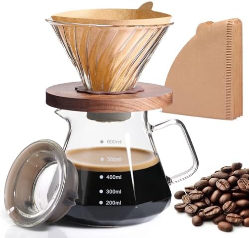 Pour Over Coffee Maker 20 OZ, 6 Cup Borosilicate Glass Drip Coffee Maker with 40 pcs V60 Paper Filter and Walnut Grip for Home Café 600 ML by Yopinmall