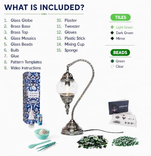 KRAFTSTORIES Turkish Mosaic Swan Neck Lamp Making Kit| DIY Colorful Glass Decorative Nightstand Table Light| Craft Kit |Make Your Own Lamp | Living Room Bedroom | Antique Bronze Base (Green) - Image 4