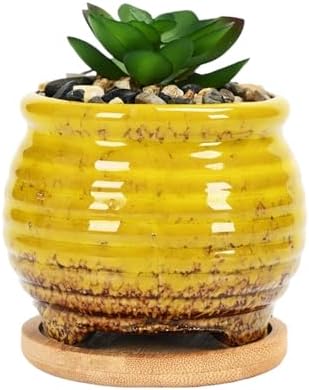 3.5 Inch Ceramic Succulent Planter Pot with Drainage Hole & Bamboo Tray - Mini Round Small Plant Pot for Indoor Desktop, Cactus Flower Container (Plant and Soil Not Included)，Yellow - Image 2