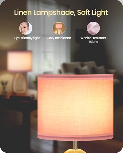 Pink Table Lamp, 14.2" Small Cute Desk Lamp, Wood Bedside Lamp with Pink Linen Lampshade & Natural Wood Base, Modern Nightstand Lamp for Girl's Room, Bedroom, E26 Base, MP07TL05 - Image 4