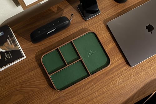MUUJEE Leather Catchall Multitray (Design 3) - 11.65 x 7.75 x 0.8, Nightstand Entryway Bedside Dump Tray Valet Organizer for Keys Phone Wallet Watch Glasses Pens, Office Desk Accessory for Men, Green - Image 2