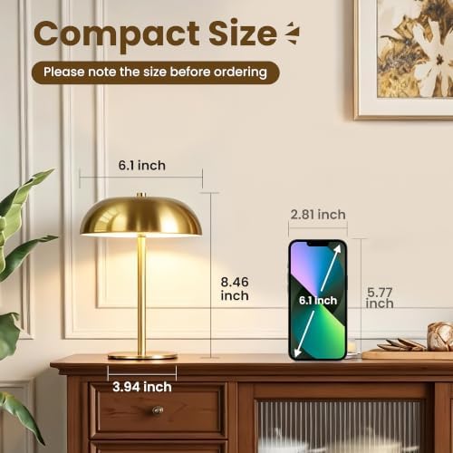 8.4" Mushroom Rechargeable Cordless LED Table Lamp, 5200mAh Battery Powered Portable Table Light with 3 Color Modes & Stepless Dimming, for Patio, Kitchen, Restaurant (Gold) - Image 2