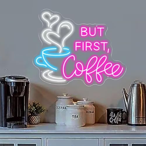 But First Coffee Neon Sign Large 5V USB Powered Acrylic Neon Lights with Dimmable Switch and Hanging Chain for Coffee Cafe Bar Party Living Room Sign Gifts 14 * 11.3inch(Pink) by HFHungkeong