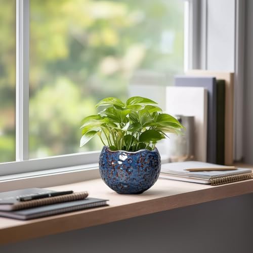 Ceramic Pots for Plants - 4 Inch Plant Pots for Indoor Outdoor, Small Planter with Drainage Hole, Unique Flower Pot, Decorative Modern Round Planter, Office Decor, Home Gifts, Retro Blue - Image 5