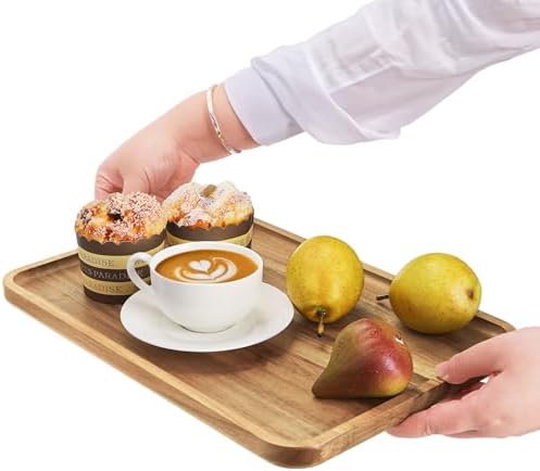 YOUEON Set of 2 Acacia Wood Serving Tray with Raised Edge, 14.2 x 9.5 Inch Rectangular Serving Tray, Appetizer Cheese Plate, Sandwich Dessert Trays, Wood Plates for Food, Coffee, Fruit, Cookie - Image 5
