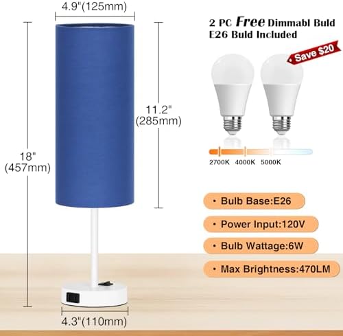 ZJOJO 18" Bedside Lamp for Bedroom Set of 2 Dimmable Table Lamp, AC Outlet - Image 5