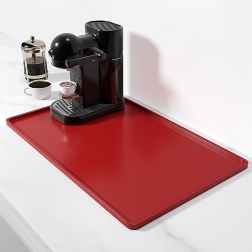 Rnivvi Silicone Coffee Mat, 12" x 19" Waterproof Raised Edge Coffee Bar Mats for Espresso Machine Station Accessories, Heat Resistant Dish Drying Pad for Kitchen Counter, Rubber Bar Decor Pad, Red by Rnivvi