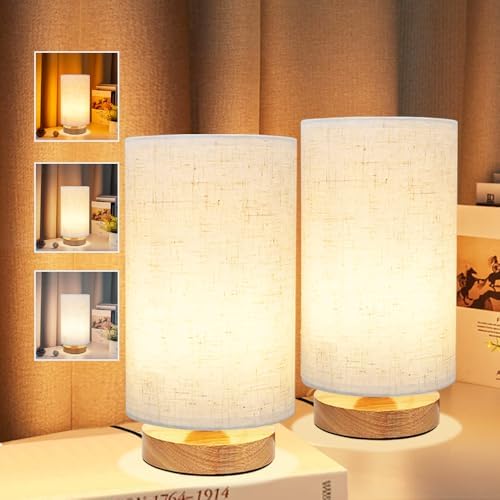 3-Color Adjustable Bedside Table Lamp for Bedroom Set of 2,Minimalist Wood Base&Round Fabric Shade,Cozy Lighting Nightstand Boho Lamp,Reading Desk Night Stand Light for Room,Office,kitchen,Nursery by UCHENTON