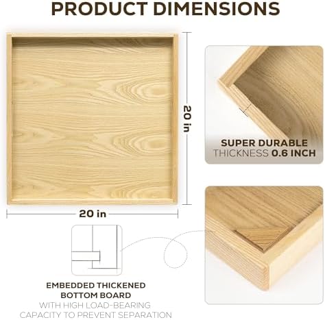 Axeman 20 Inch Large Square Wooden Ottoman Tray for Living Room|Extra Large Serving Tray with Handles for Coffee Table, Breakfast|Decorative Wood Tray for Ottoman Couch Sofa Kitchen|Natural - Image 2