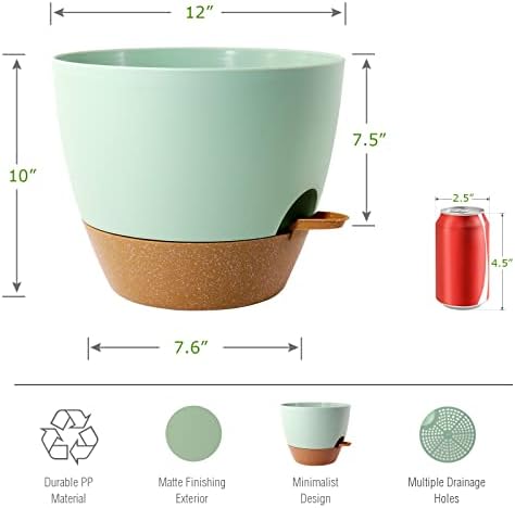 UOUZ 12 inch Large Self Watering Pots, Plastic Planters with 60oZ Removable Deep Reservoir and Multi Mesh Drainage Holes for Indoor Outdoor Garden Plants and Flowers, Green with Brown - Image 2