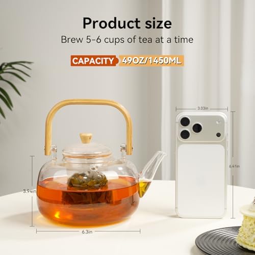 49OZ/1450ML Glass Teapot with Removable Infuser & Lid, Stovetop & Microwave Safe Clear Borosilicate Glass Tea Maker Water Kettle for Loose Leaf Blooming Tea - Image 3