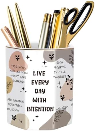 Cute Pen Holder for Desk, Ceramic Pencil Holder, Makeup Brush Holders, Desktop Stationery Organizer for School Students Office Women Teens Girls Boys, Words by WAVEYU