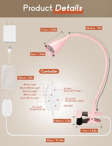 Reading Light for Book in Bed,Clip on Light Reading Lamp with Adapter Pink - Image 6