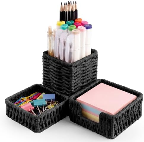 Black Paper Rope Woven Desk Organizer Set of 3 by Singhoow