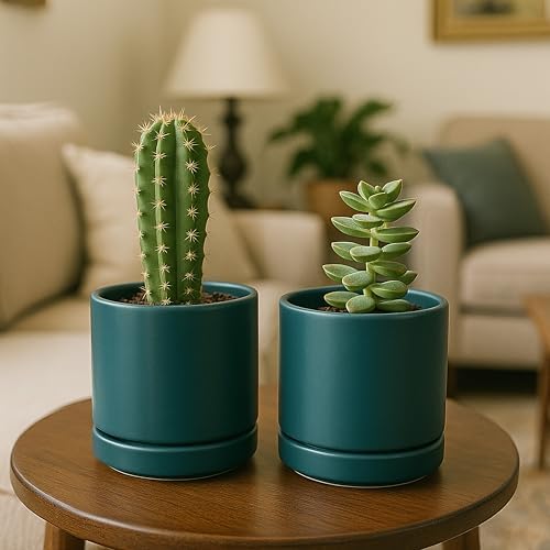 D'vine Dev 2-Pack Ceramic Pots with Saucers, Teal, 4.7 in, 94-V-B-9 - Image 2
