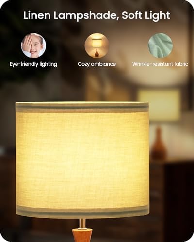 Green Table Lamp, 14.2" Small Bedside Lamp, Wood Table Lamp with Green Linen Lampshade & Dark Wood Base, Modern Nightstand Lamp for Bedroom, E26 Base, Bulb Not Included, LJ09TL05 - Image 3