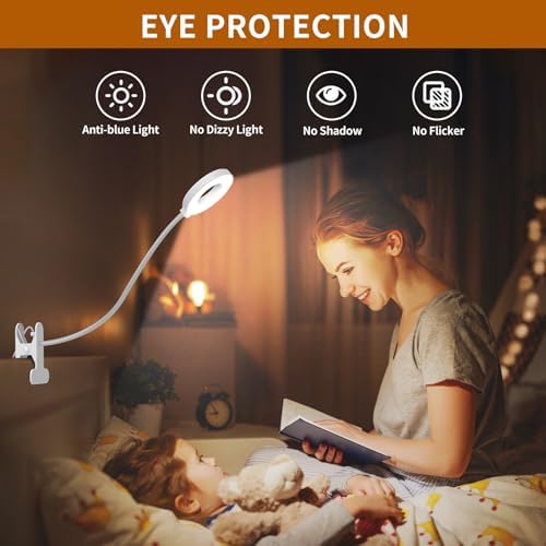 iZELL Reading Light, USB Clamp Lamp for Child Reading Book in Bed at Night, LED Small Desk Lamp with Silicone Adjustable Arm Clip on Beside Table for Studying Working Drafting Sewing - 15.8‘’ White - Image 4