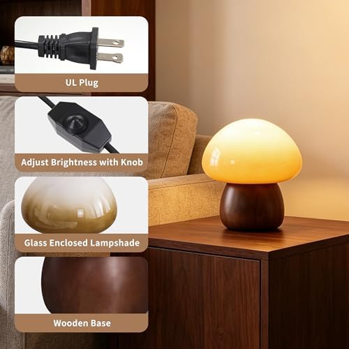 Wooden Base Small Table Lamp for Bedroom 60W Mushroom Table Lamps Gradient Colored Glass Shade Modern Side Table and Desk Lighting H 8.07 in (The Light Bulb is Included) - Image 5