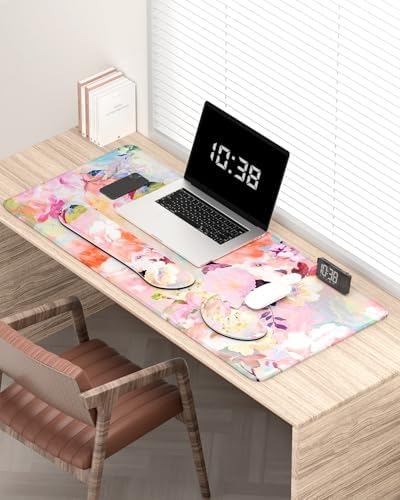 Auhoahsil Large Mouse Pad with Wrist Rests for Keyboard & Mouse, Thick Soft Ergonomic Memory Foam Wrist Supports, Big & Long Desk Mat 35.5 x 15.7 in, for Office Gaming Computer, Pink Flowers - Image 2