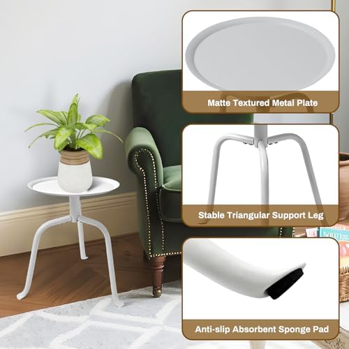 Plant Stand Indoor Outdoor, 11'' Round Black Mid Century Single Plant Table, 3-Leg Small Metal Plant Holders Flower Pot Stand, Modern Round Small Side End Table with Raised Design (White) - Image 5