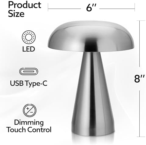 Brushed Silver Mushroom Table Lamp, Cordless Rechargeable LED Metal Lamp, Tap Touch 3-Color Modes Changing Light, Small Portable Accent Lamp for House, Restaurant, Hotel, Bars, Travel, Emergencies - Image 6