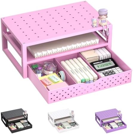 WALI Desk Organizer with Drawer，Computer Monitor Stand with Storage, Desk Organizers and Accessories for Computer, Printer, Laptop Riser for Home Office Supplies, (PTT005-P), 1 Pack, Pink by WALI