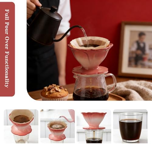 Premium Ceramic Pour Over Coffee Dripper，Includes 40pcs Coffee Filter Papers, suitable for home and travel, Flower Petal Dripper（Gradient Red） - Image 6
