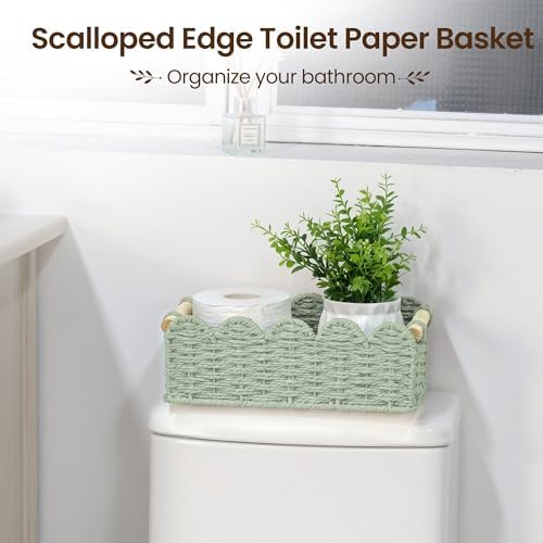 iEGrow Paper Rope Small Storage Baskets for Organizing, Set of 2 Scalloped Edge Wicker Basket with Wooden Handles Toilet Paper Basket for Over Toilet Storage Shelf, Home Decor, Living Room (Green) - Image 3