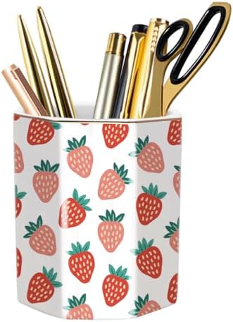 Ceramic Strawberries Pen Holder for Desk Cute Pencil Cup Desk Organizer Makeup Brush Holder for Girls, Women, Stationery for Office, Home, Daily Use, (Pink+white) by WAVEYU