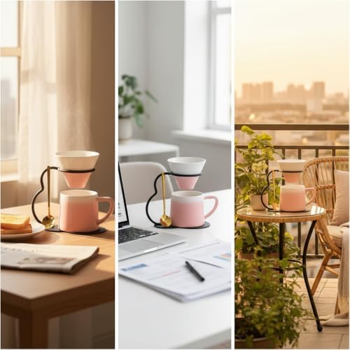 Pour Over Coffee Maker set,Ceramic Coffee Maker With V60 40 pcs Paper Filter，Metal Stand 9oz 270ml mug Pour Over Coffee Dripper Pink - Image 5