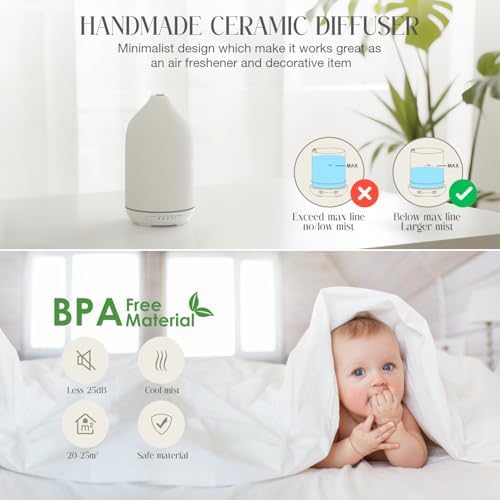 SALKING 200ml Ceramic Essential Oil Diffuser, Stone Diffusers for Essential Oils, Ultrasonic Aromatherapy Diffusers with with 7-Color LED Lights Timers, for Office Bedroom Home (White) - Image 6