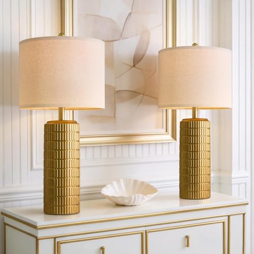 PoKat 27.5'' Tall Brass Gold Table Lamps Set of 2 for Living Room, Modern Table Lamps for Bedroom Night Stands, Retro Ceramic Bedside Lamps, Nightstand Lamps for Sideboard Side End Table, Gold by Pokat