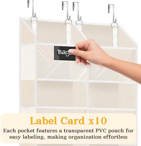 Ofiray-home Over the Door Organizer, 5-Tier Extra Large Storage with 10 Pockets and PVC Label Pouches, 80 lbs Capacity Hanging Closet Organizer, Beige - Image 2