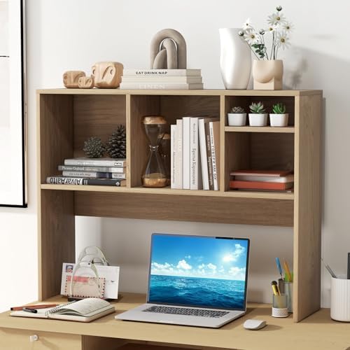 Giantex Desktop Bookshelf, Countertop Storage Hutch with 4 Shelves for Computer Desk, Dressing Tabletop Display Rack, Multipurpose Desk Hutch Storage Organizer for Home Office Dorm, Natural - Image 2