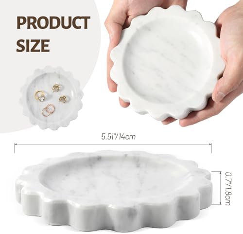 Koville 5.51" Scalloped Marble Tray, Round Stone Jewelry Trinket Dish for Ring, Natural Small Marble Tray for Bathroom Kitchen Dresser Countertop, Decorative Candle Tray(Bianco Carrara) - Image 2